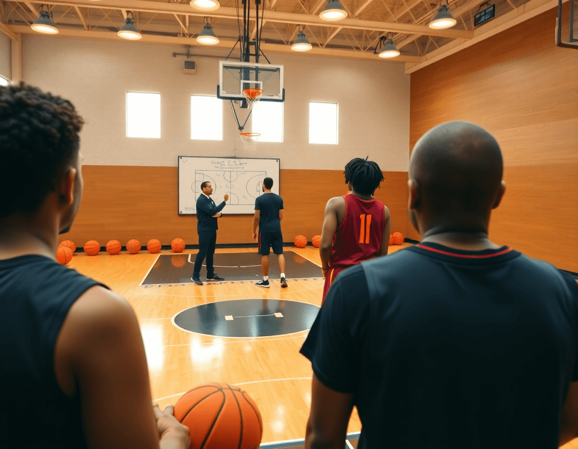 Three players observe a coach sketch plays on a whiteboard for basketball drills with 3 players.