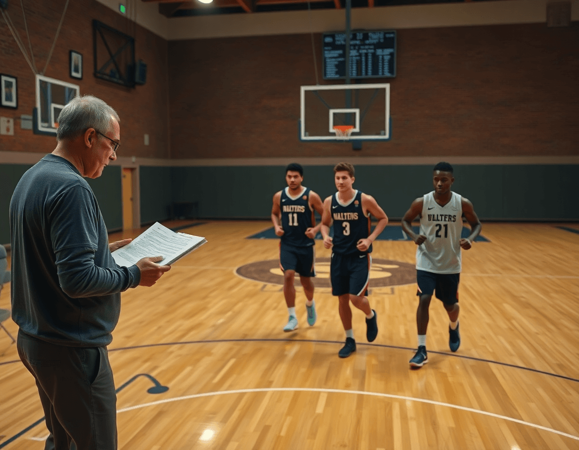 Coach studies scouting notes as three players run basketball drills on the hardwood.