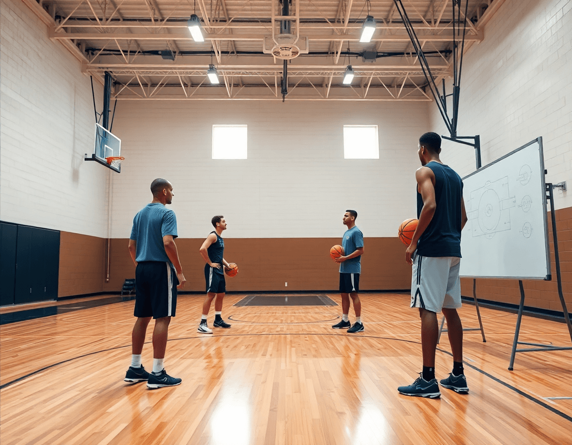 Wide shot of a basketball gym with coach guiding basketball drills with 3 players on the hardwood.