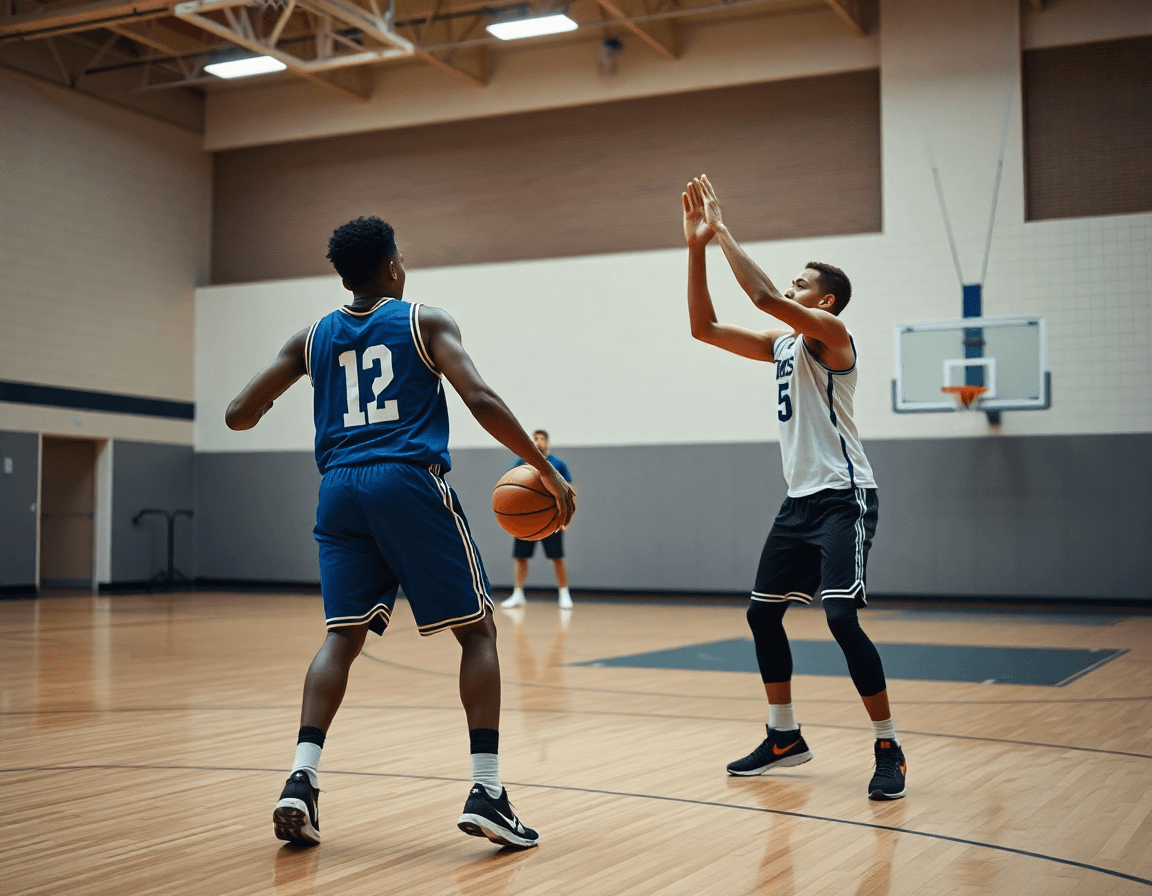 Two players execute a basketball movement on hardwood as the coach notes basketball drills without a hoop plan.