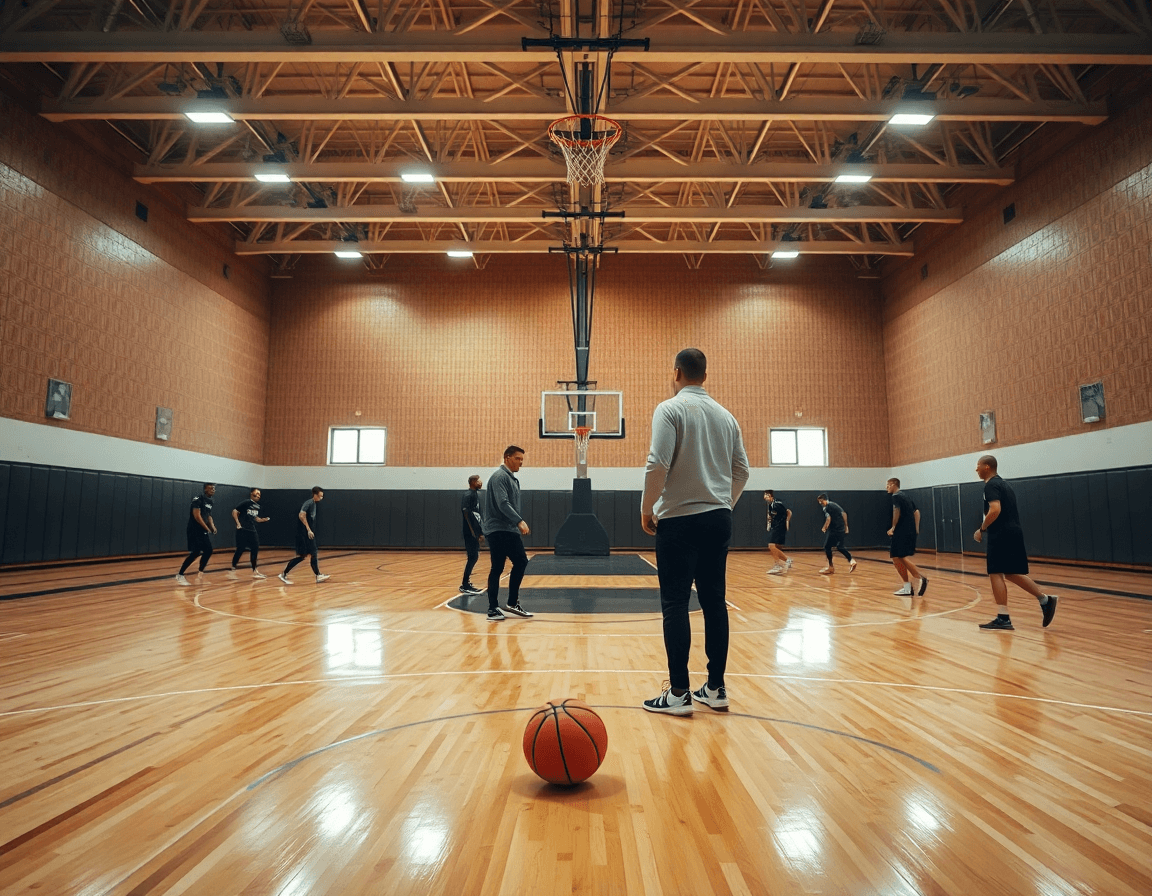 Wide cinematic view of a basketball gym with coach guiding basketball drills without a hoop as players practice.