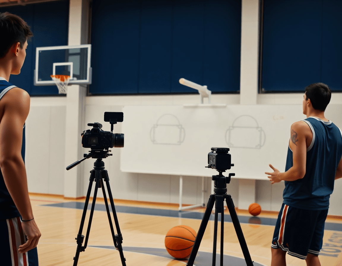Mid-action shot of two players practicing basketball drills without hoop while the coach explains the no-hoop sequence.