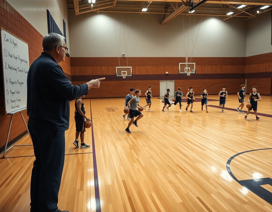 Coach directs players running basketball drills without hoop on the basketball court under bright gym lights.