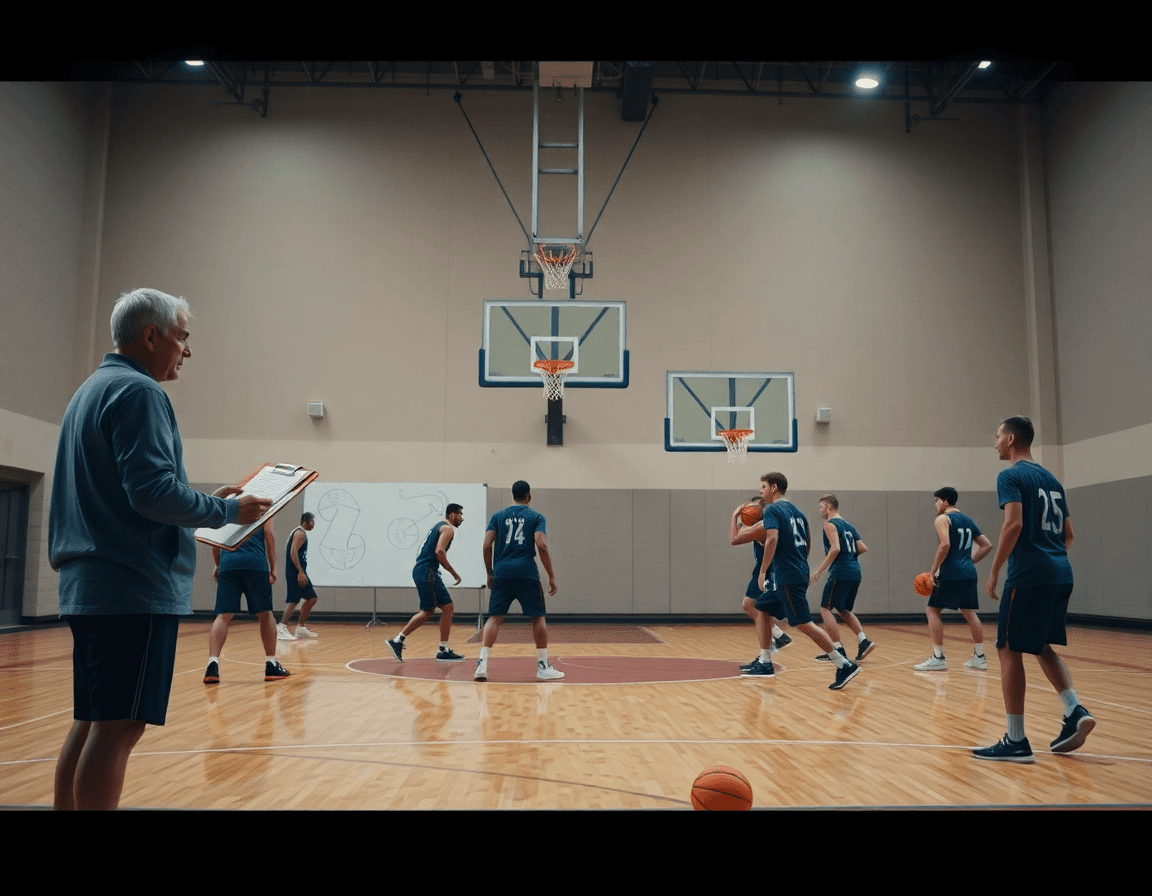 Wide basketball gym scene showing basketball drills without hoop as coach explains a plan.