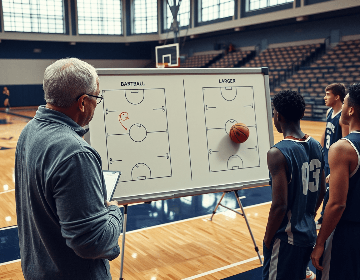Two-sided basketball dry erase board comparison on the sideline during drill break.