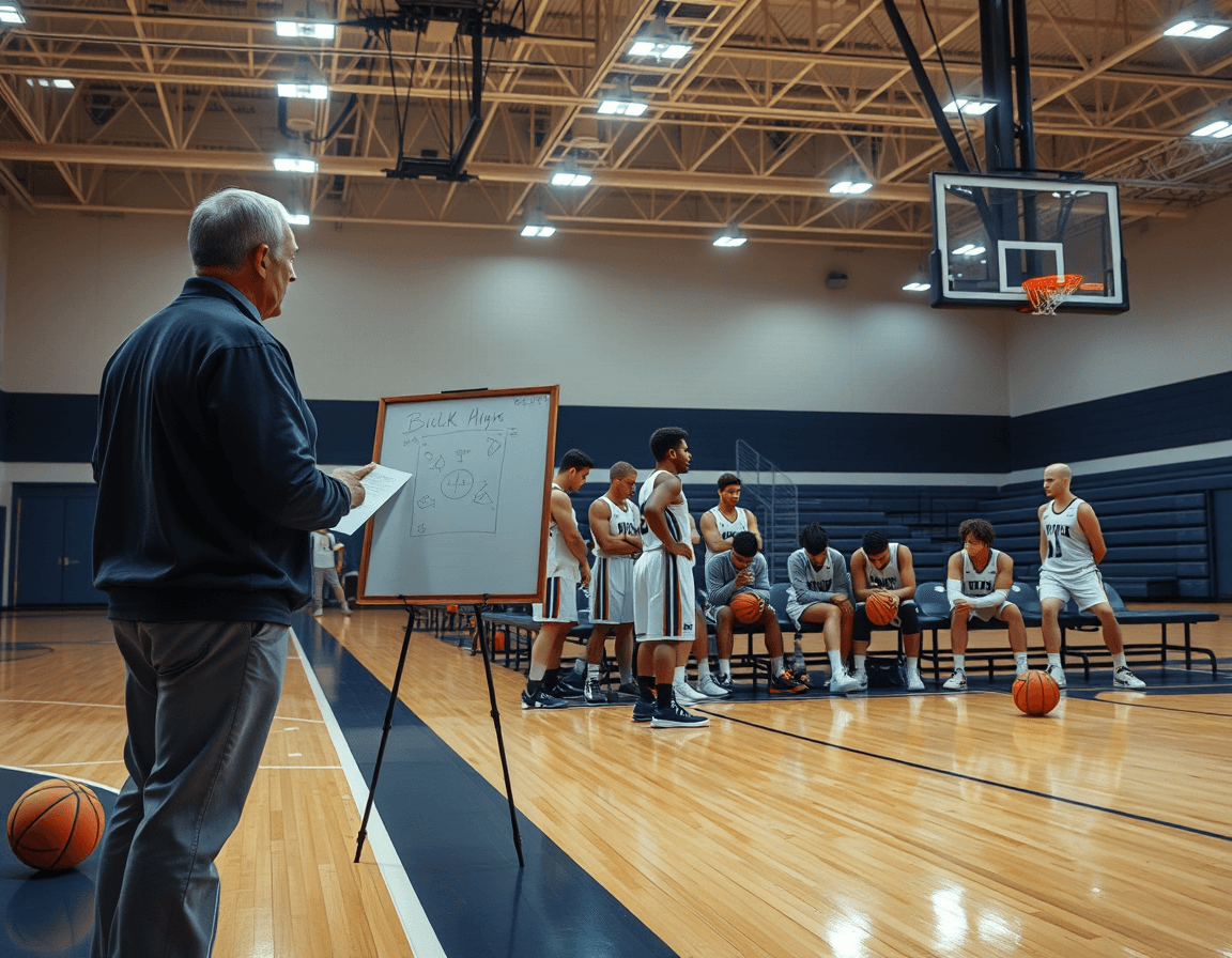 Wide basketball gym scene with a basketball dry erase board target guiding a team.