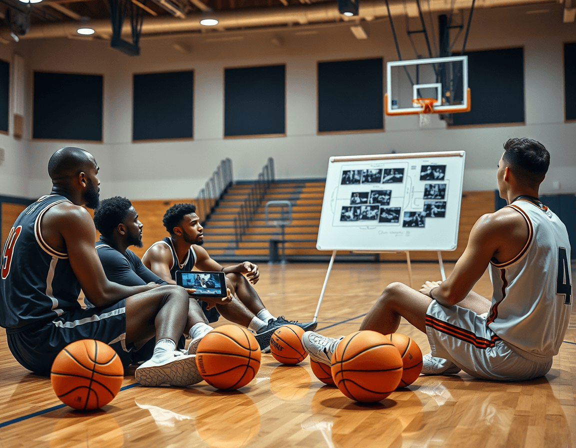 Group viewing basketball clips next to a basketball dry erase board walmart as players take notes.