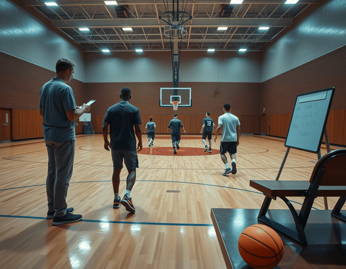 Wide gym scene with a basketball court and coach using a basketball dry erase board walmart.
