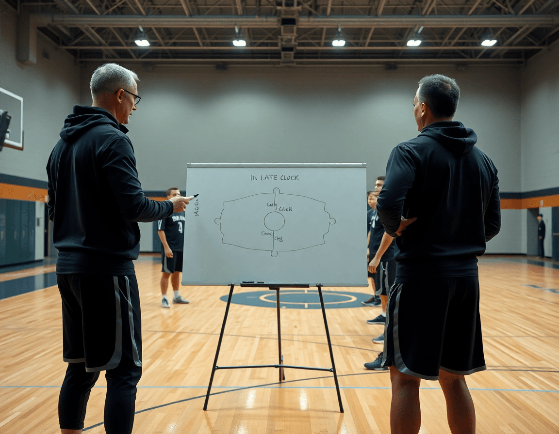 Coach sketches basketball end of game plays on a whiteboard while players watch intently.