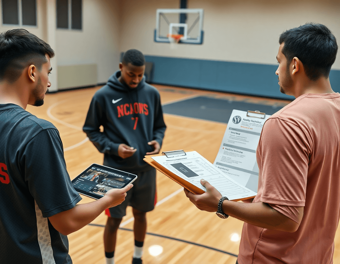 Basketball end of game plays are reviewed on a tablet beside a scouting report.