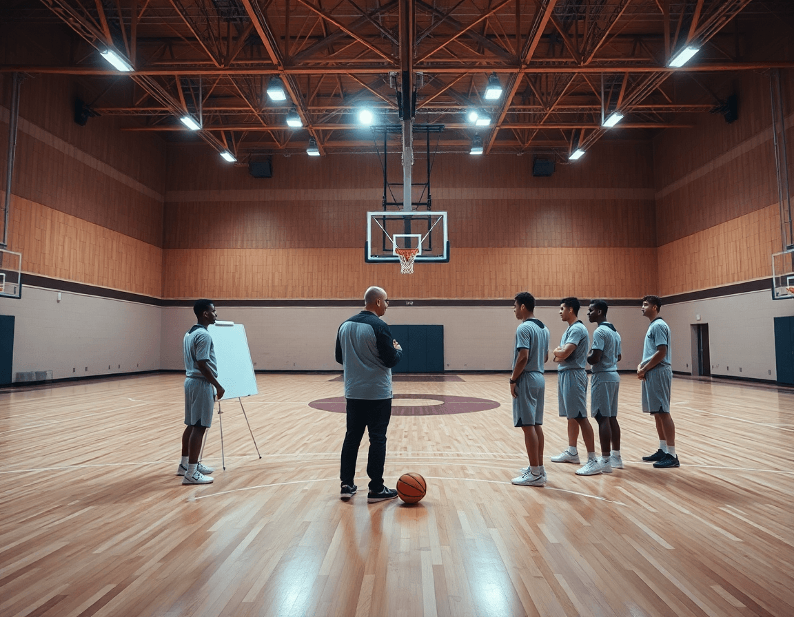 Basketball end of game plays visual during team practice by coach at whiteboard.