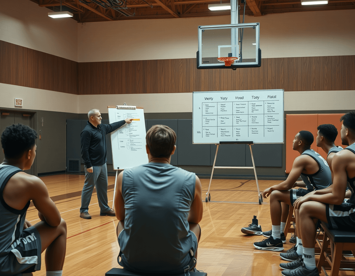 Coach leads weekly planning as players watch a whiteboard and a laptop showing basketball evaluation form pdf.
