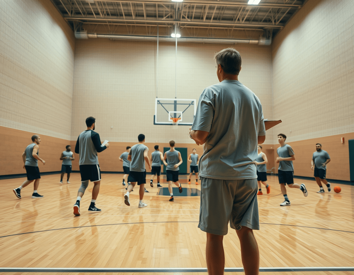 Wide basketball gym scene showing coach using the basketball evaluation form pdf during team practice.