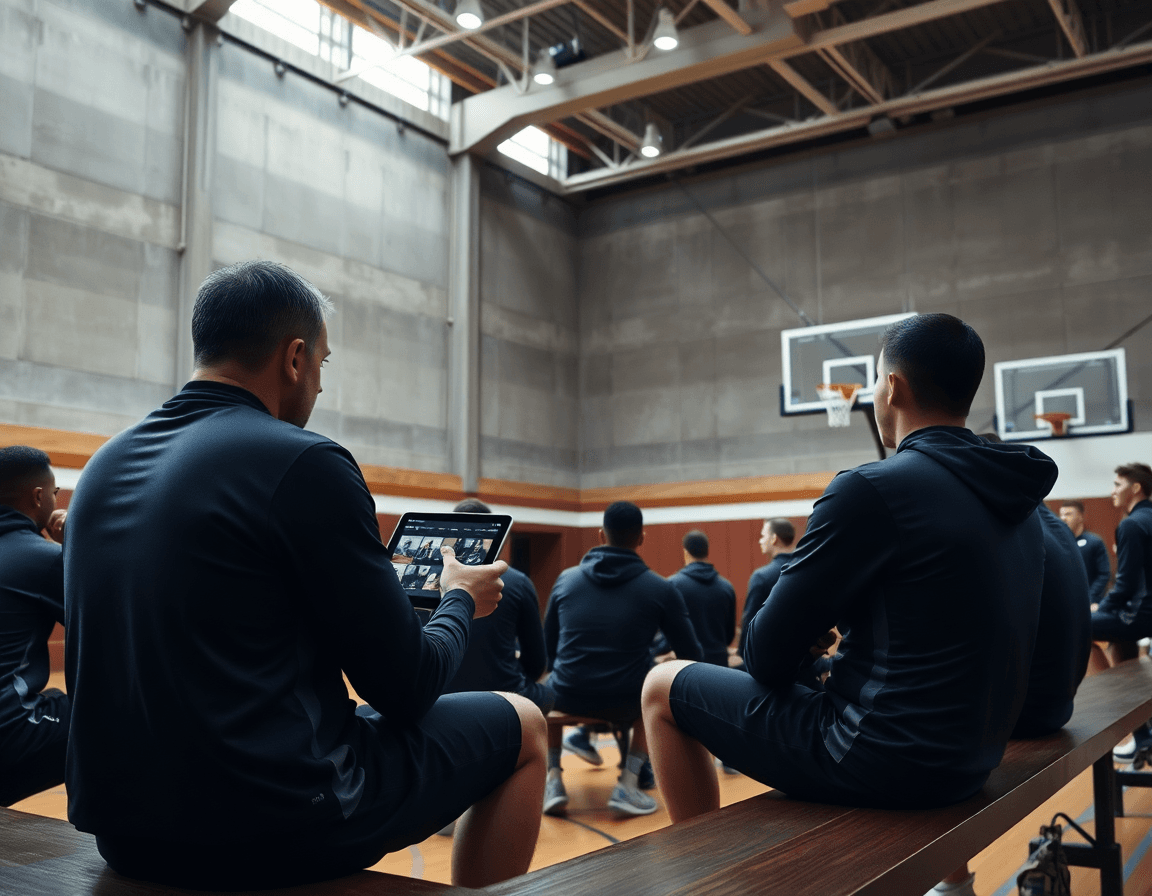 A coach connects basketball film study to weekly planning with clips playing beside the hoop.