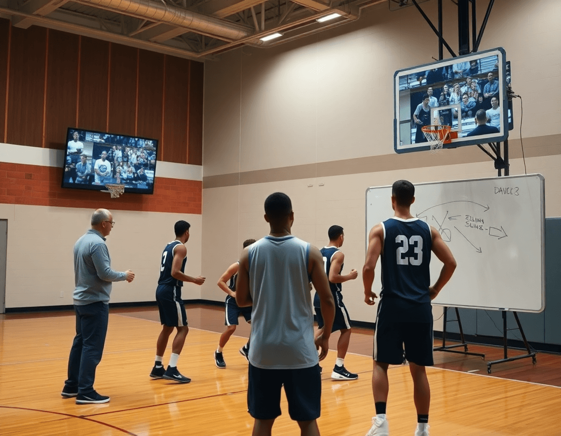 A coach translates basketball film study into a concrete drill on the whiteboard.