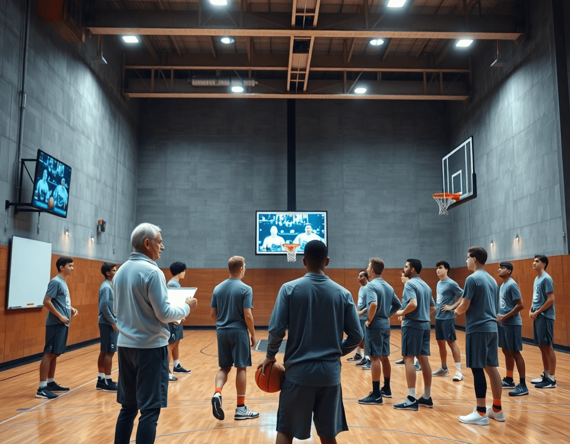 Coach guiding basketball team during basketball film study in a bright gym, courtside.