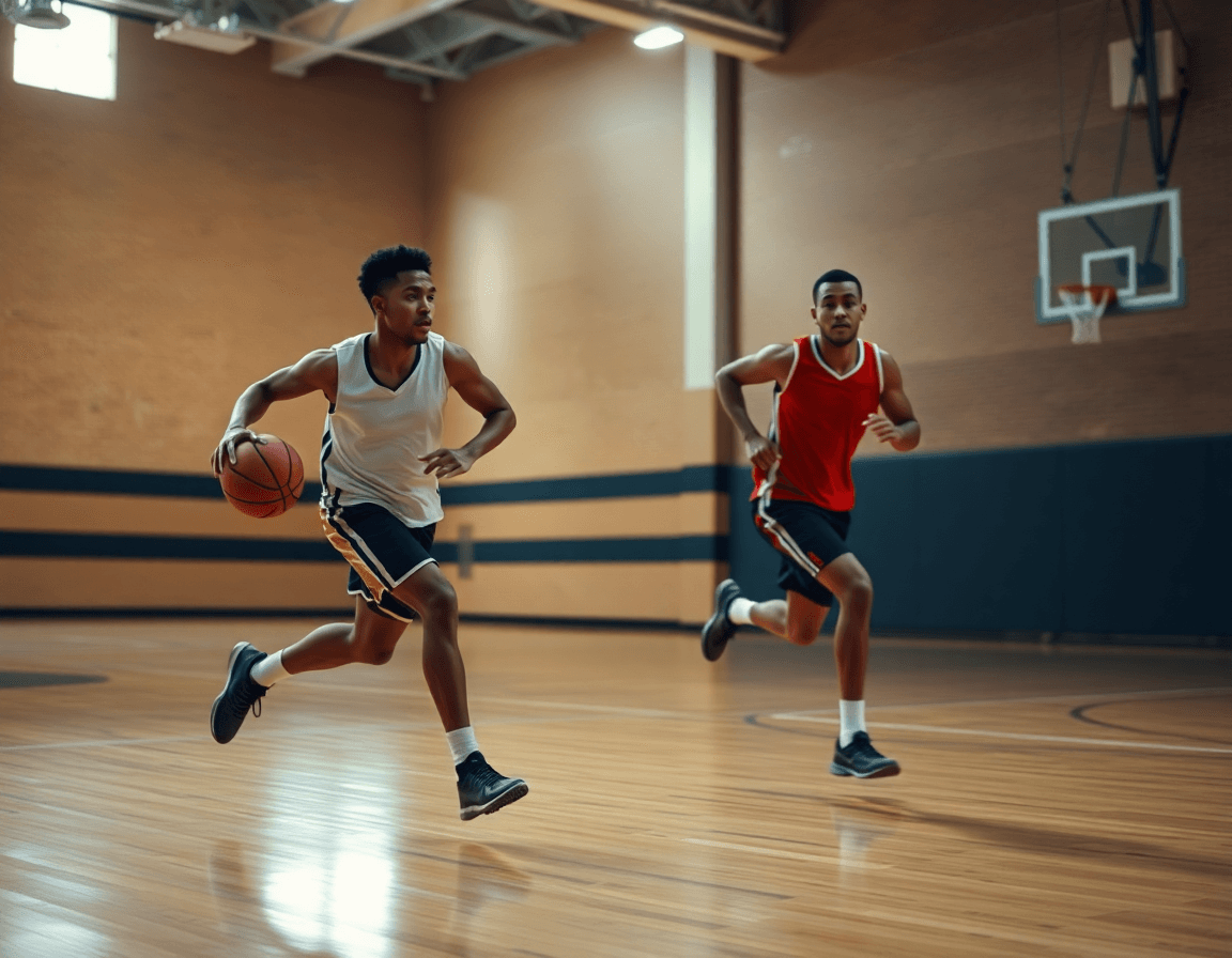Players running a fast-break drill in practice