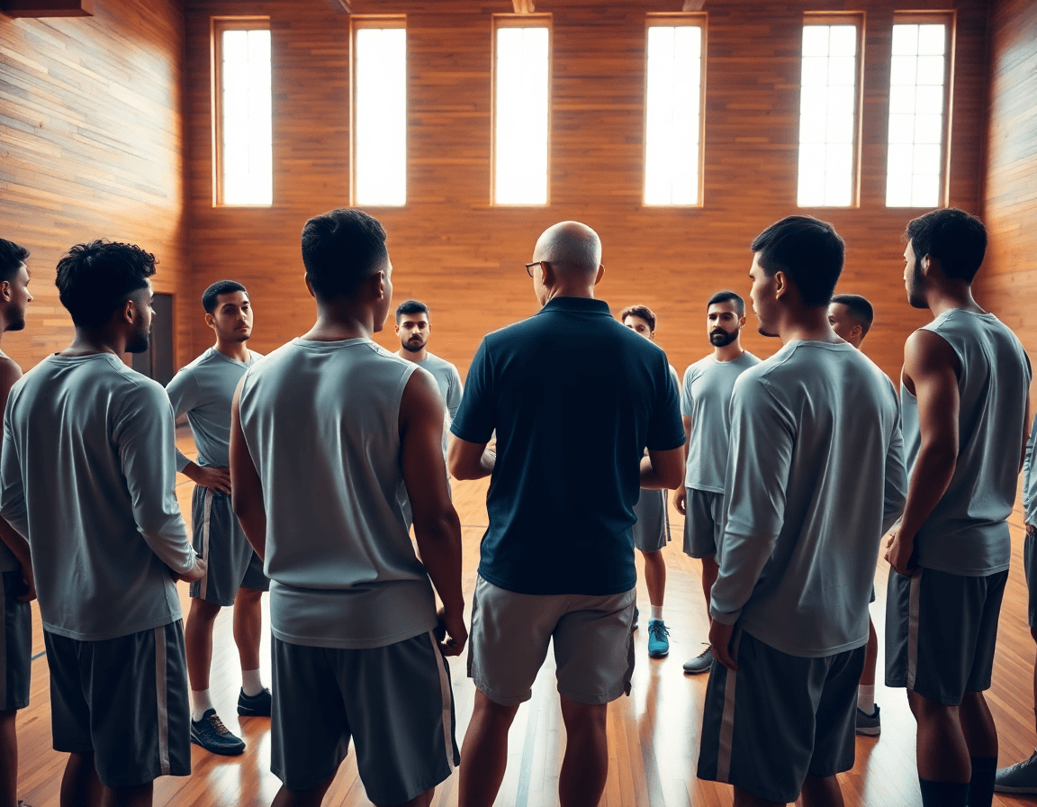 Basketball coach leading a team practice in a gym