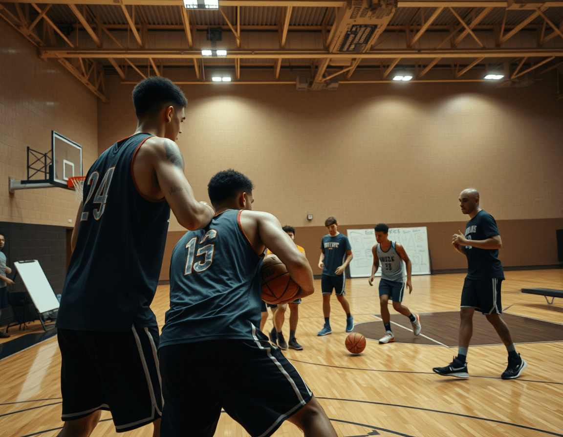 Tight basketball drill scene showing a coach and players executing a basketball play.