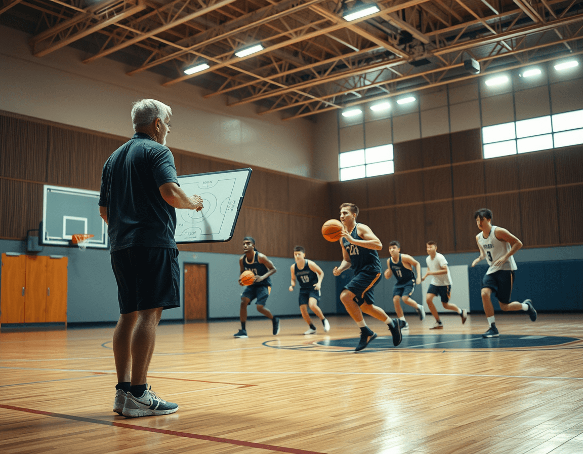 Coach draws a basketball play on whiteboard during a basketball drill.