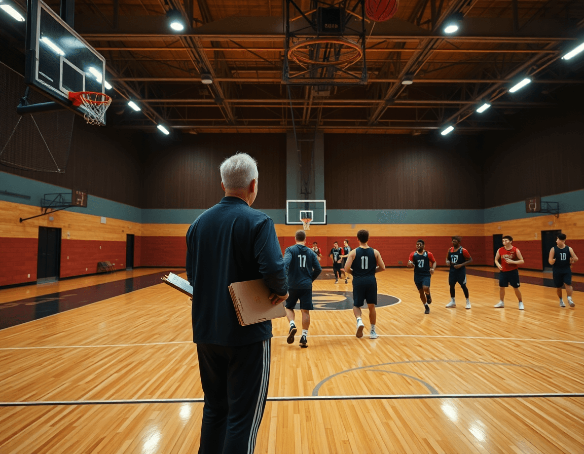 Wide shot of a basketball gym in action, coach guiding players through a focused basketball practice.