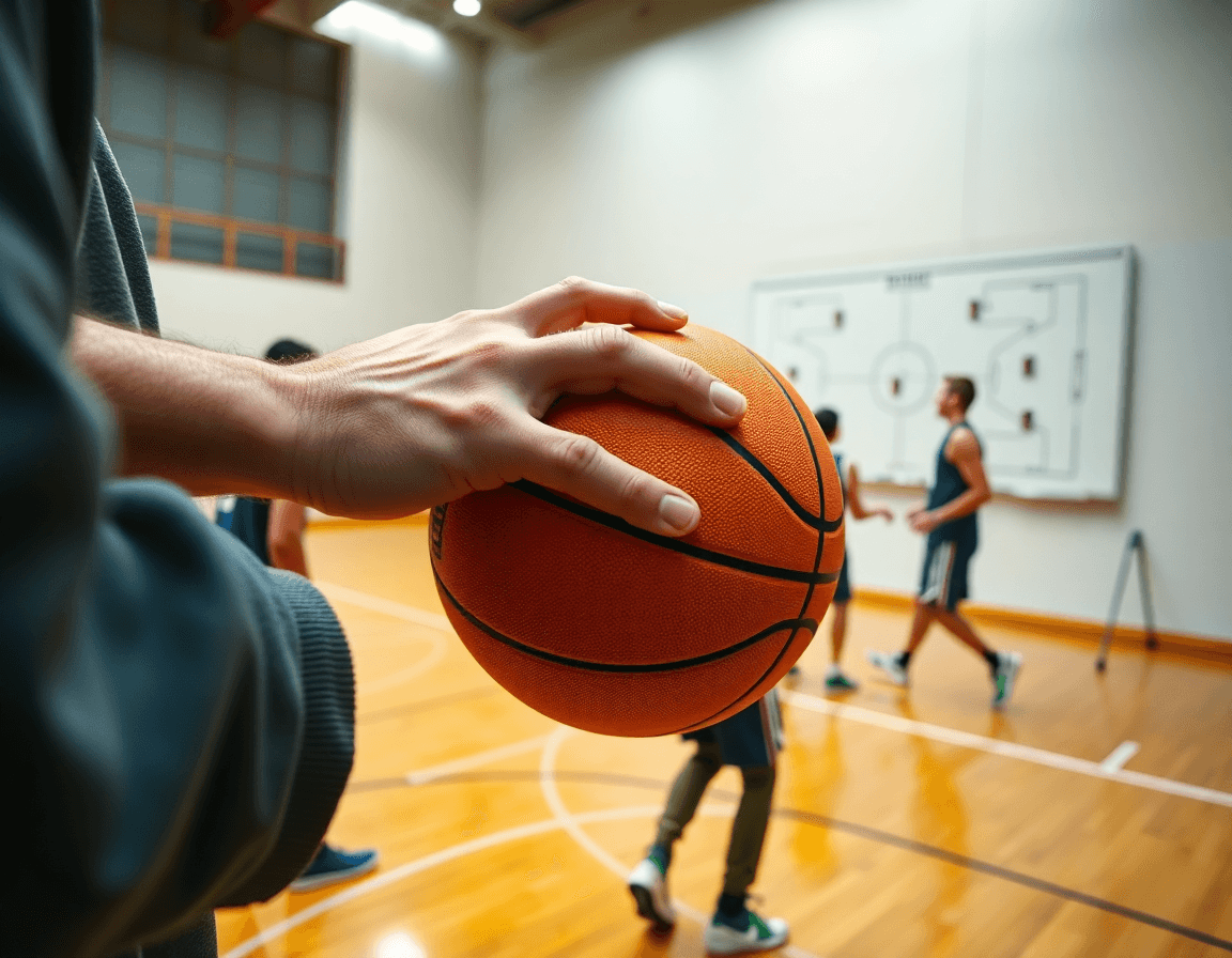 Close-up of hands on a basketball, whiteboard shows a basketball game plan template.