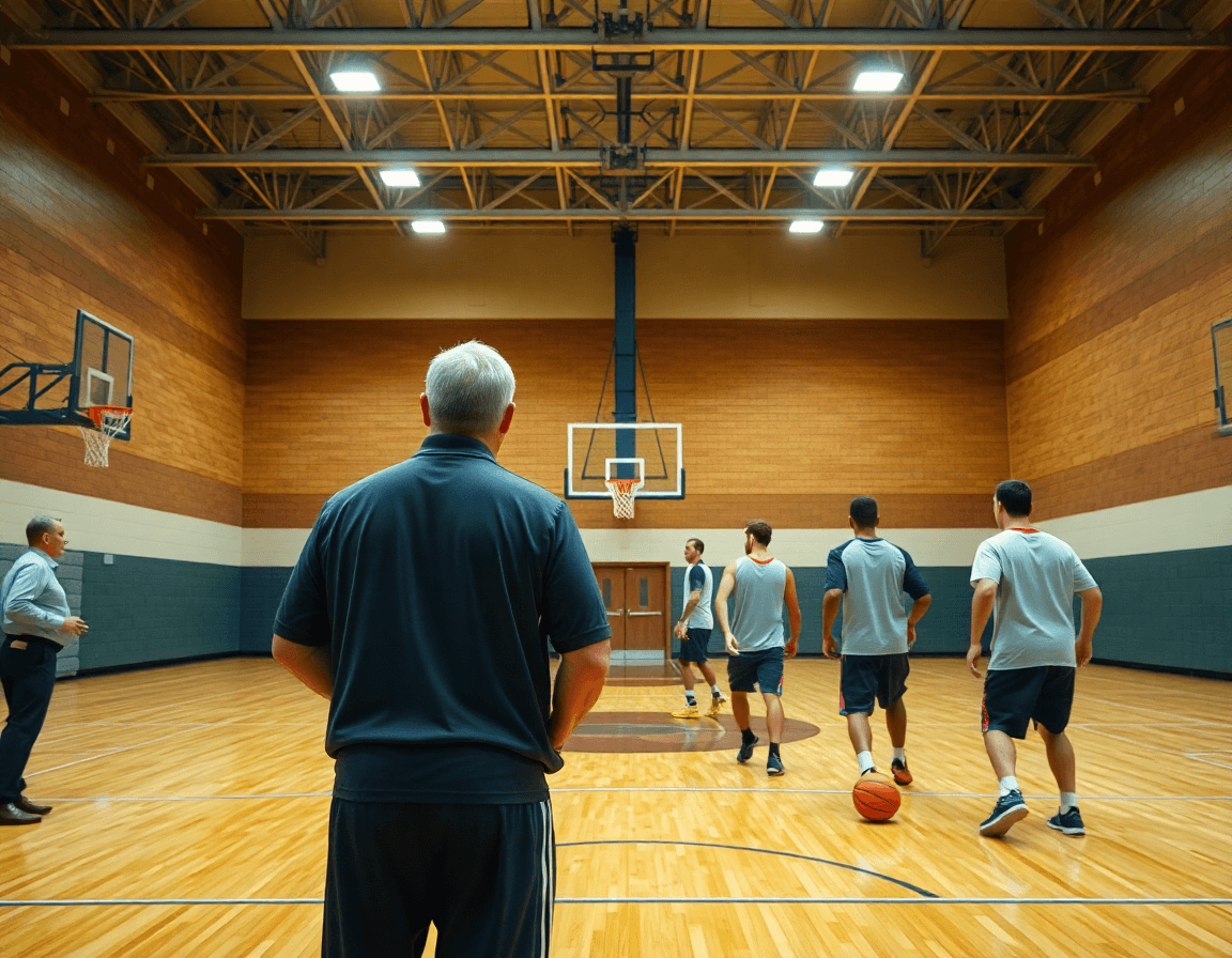 Wide basketball gym scene with coach guiding a basketball game plan template during warm-ups.