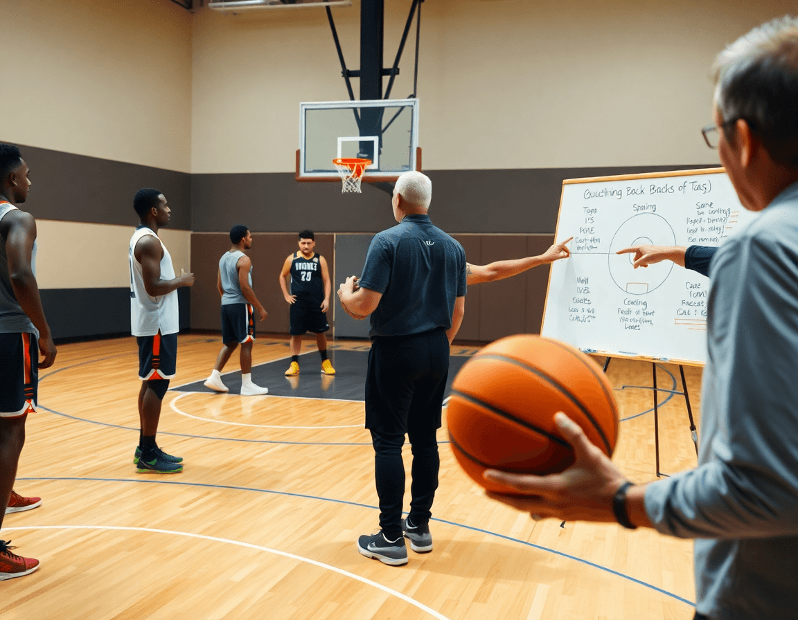 Coach demonstrates basketball game strategies and tactics as players practice spacing and ball movement on the hardwood.