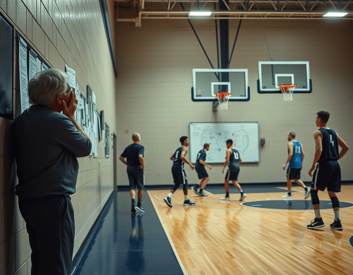 Coach translates scouting notes into basketball practice by guiding players through spacing and ball movement on the hardwood.