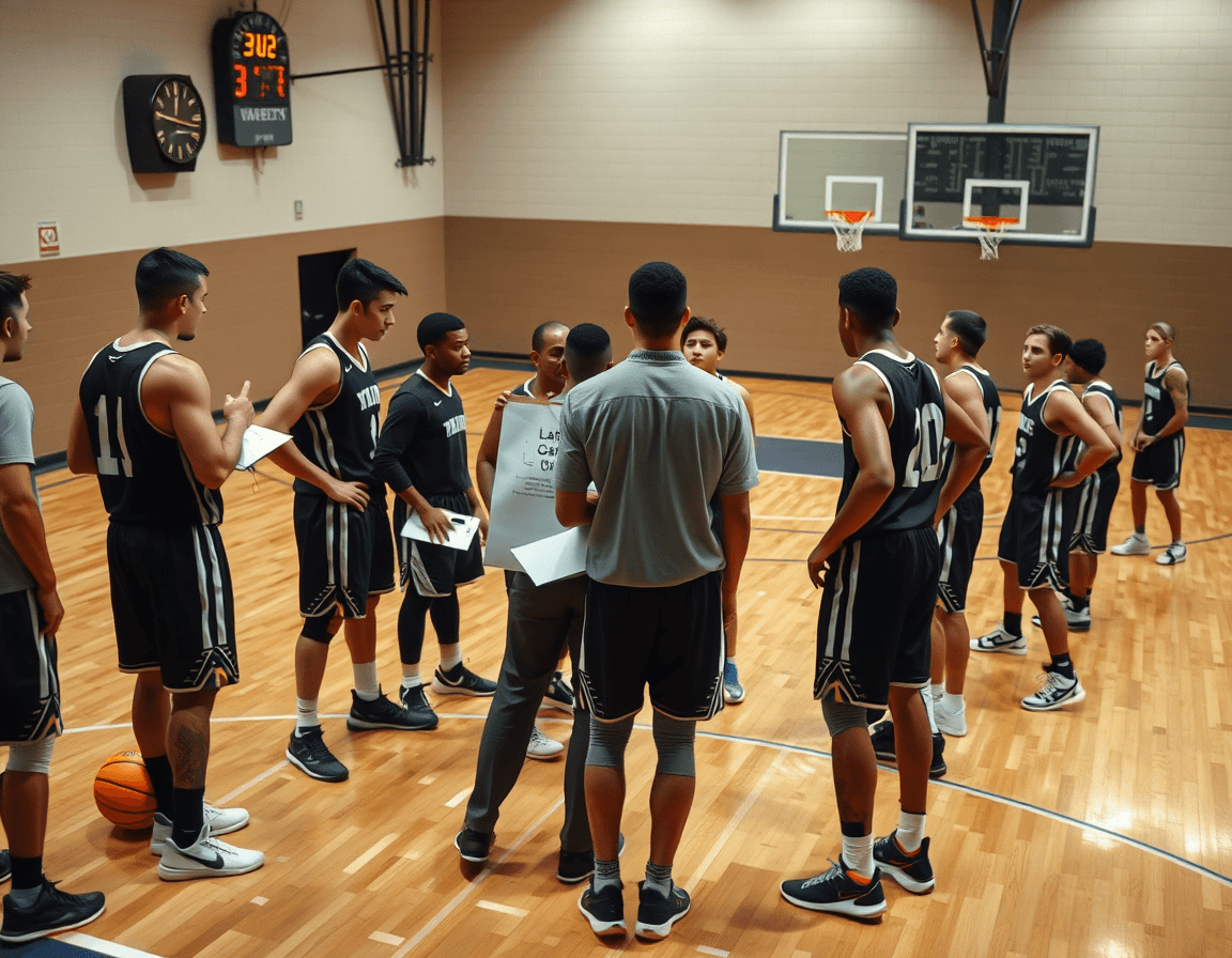Coach directs players during a timeout as a whiteboard outlines late game basketball sequences for timing and spacing.