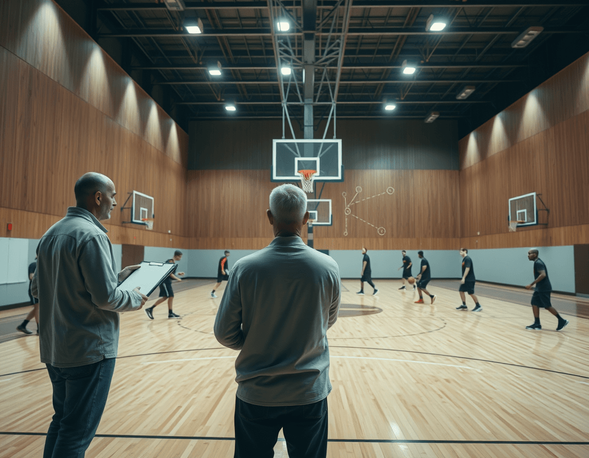 Wide shot of a basketball gym showing coach and players practicing basketball game strategies and tactics on the hardwood court near the hoop.