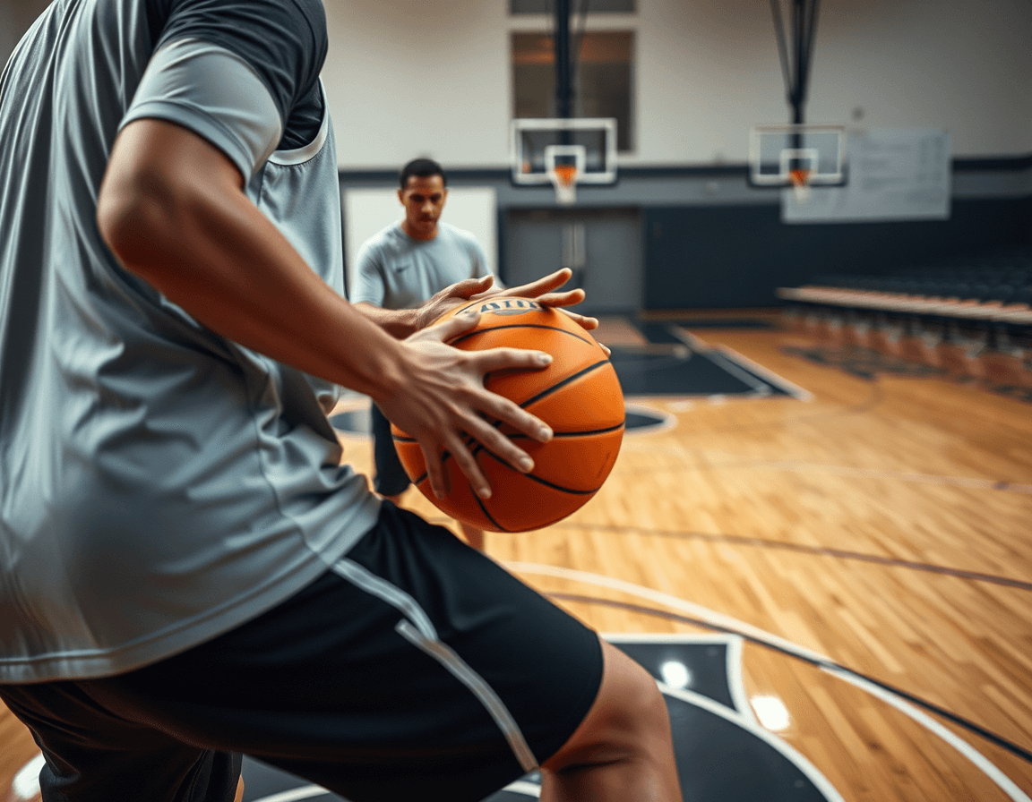 Coach guides basketball game strategies during a tight drill on the hardwood basketball court.