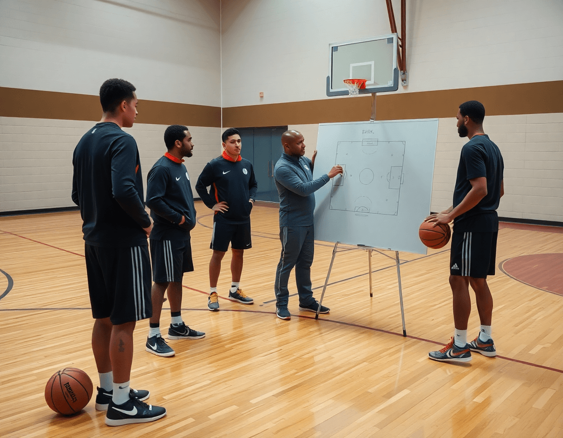 Players study basketball game strategies as the coach explains from the sideline.