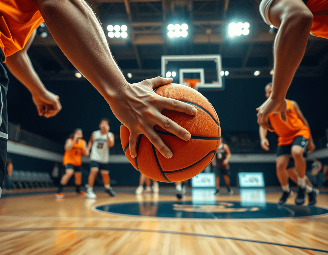Close-up on hands implementing basketball game strategies on the basketball court during practice.