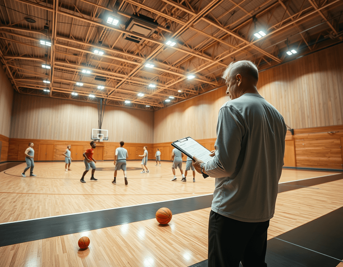 Wide, cinematic scene of a basketball gym as the coach shares basketball game strategies with the team.