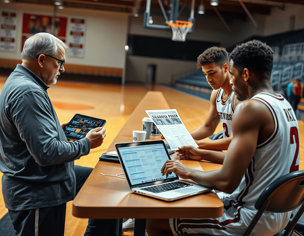 Coach reviews basketball video clips and a basketball guard plan PDF with players in a gym corner.