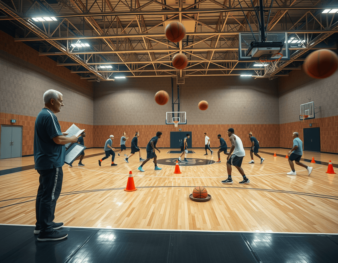 Wide cinematic basketball gym scene shows a guard-focused practice with a coach and players on hardwood basketball court.