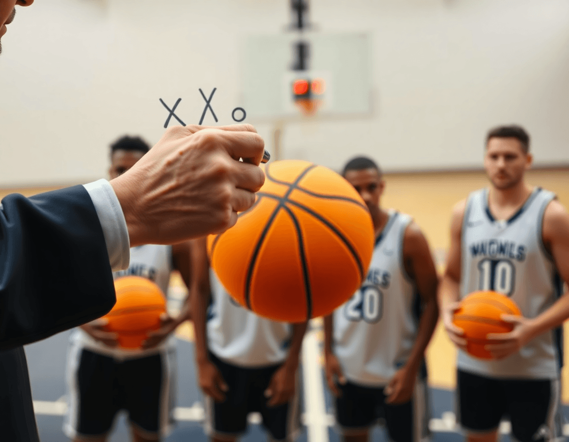 Hands on a tactical whiteboard show basketball half court printable play as a player dribbles.