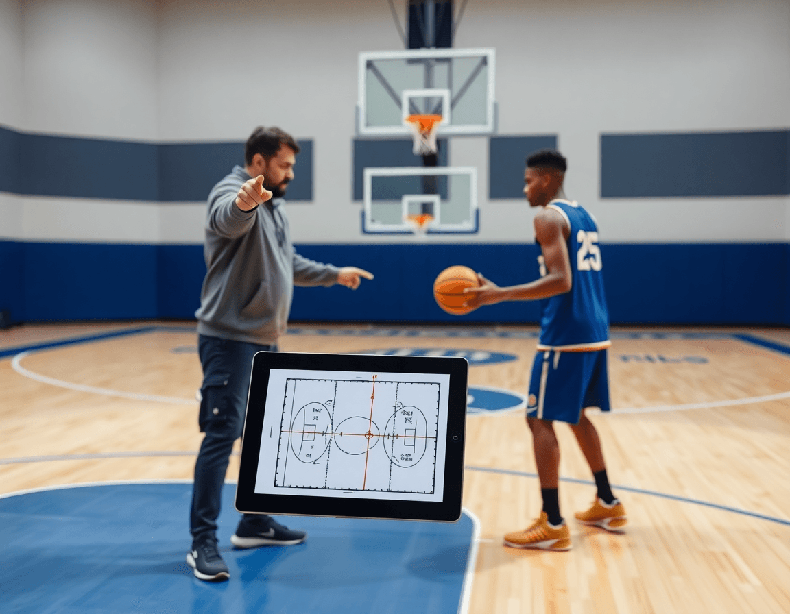 Hands on a tablet showing basketball half court printable plan as players execute a drill.