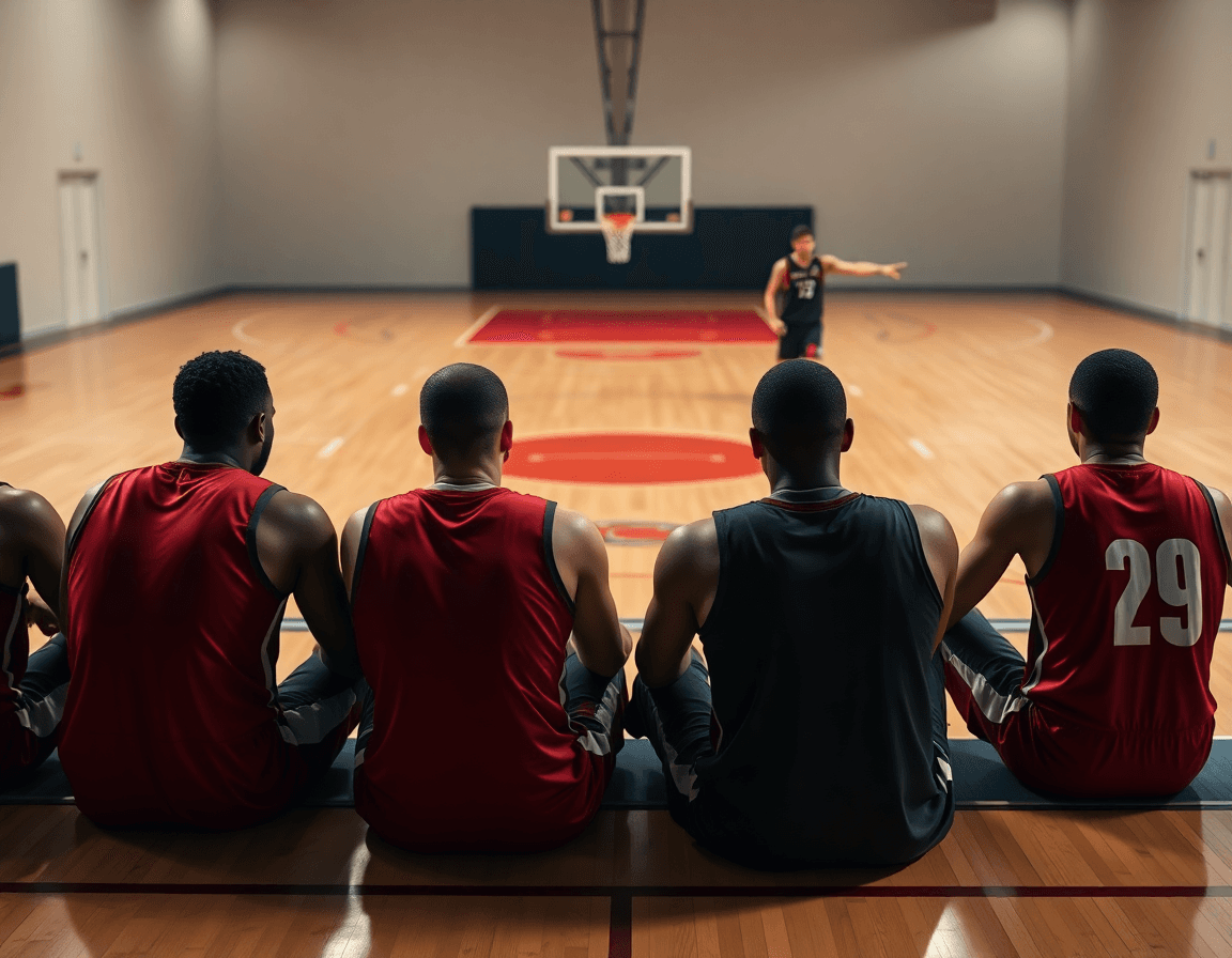 Backs to camera, players watch a tablet showing basketball half court printable plan as coach points.