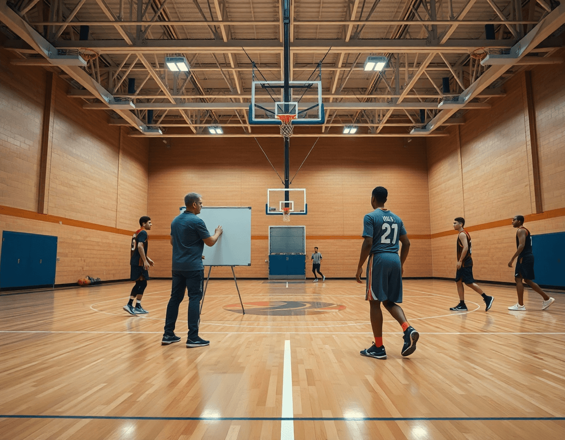 A wide-angle scene of a basketball half court printable training session with a coach and players.