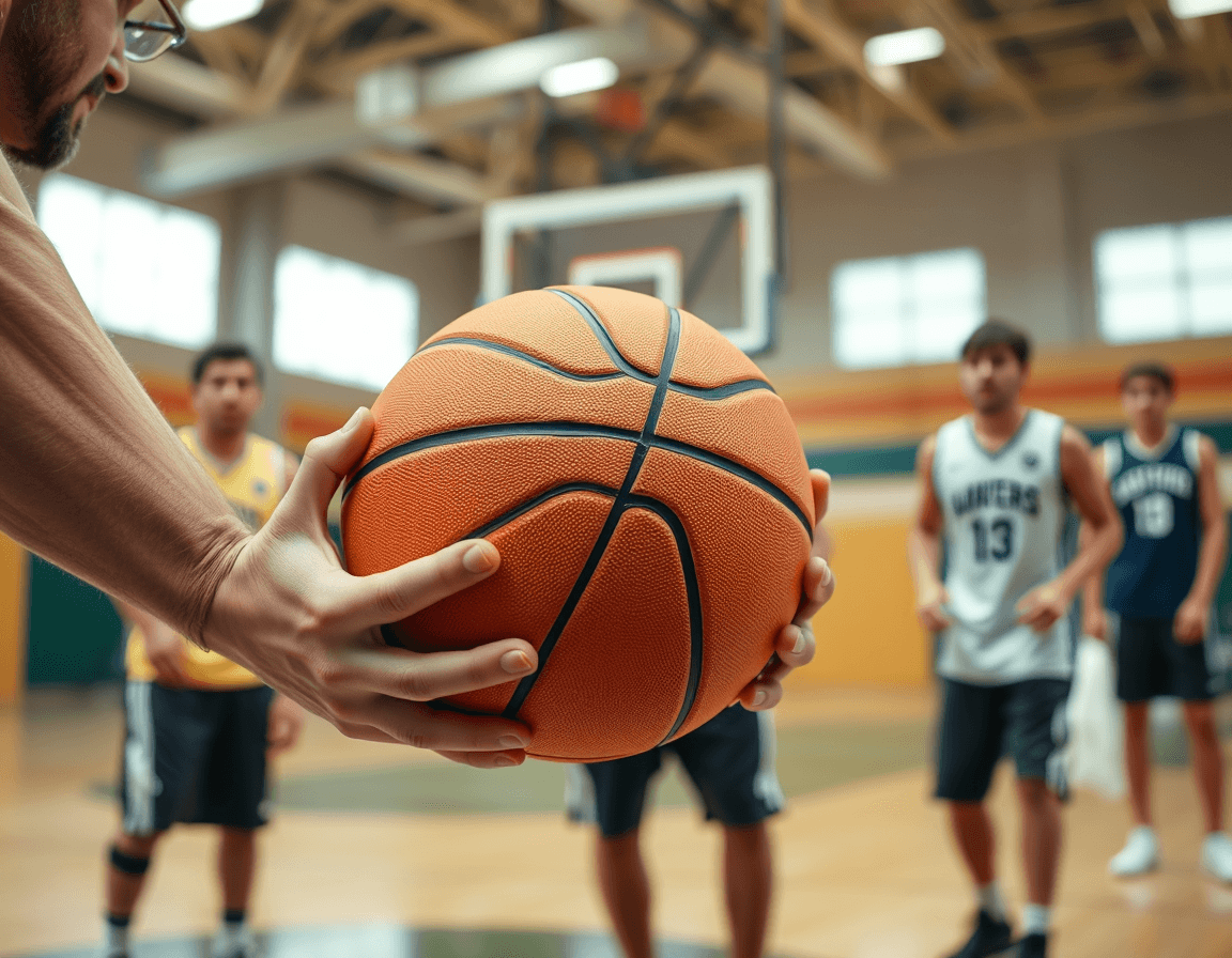 Close-up of a basketball in hands during a drill, with coach guiding basketball homework sheets.