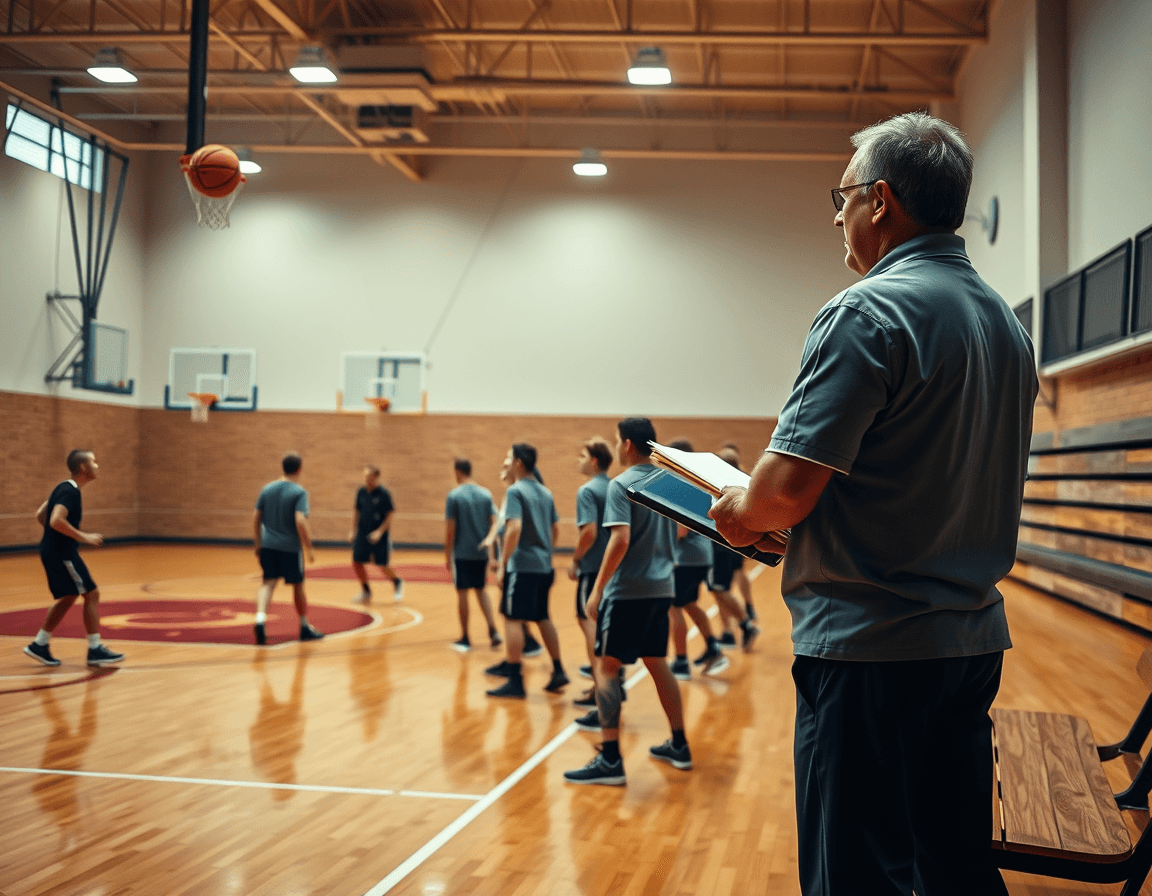 Wide basketball gym scene with coach, players, and unseen paper notes guiding basketball homework sheets.