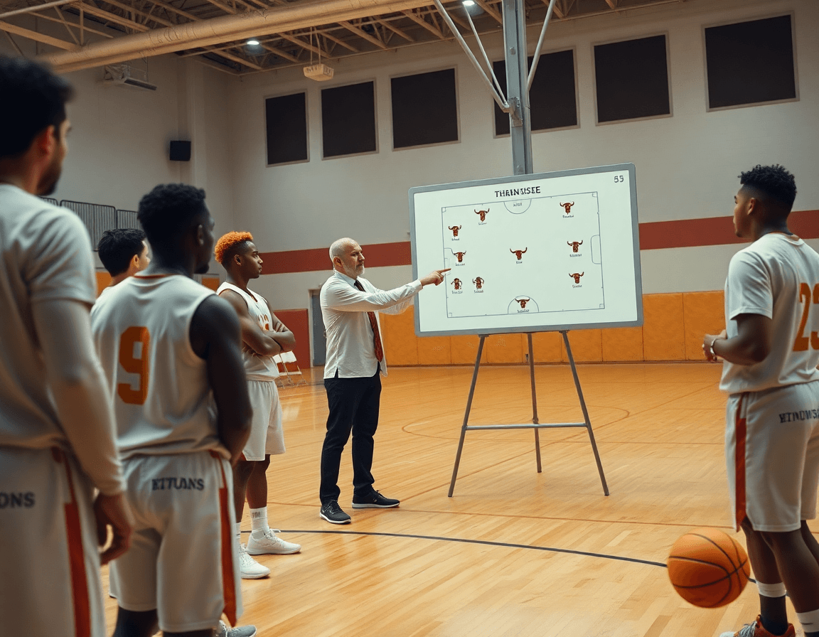 Close-up of coach coaching the basketball horns set on the whiteboard as players watch.