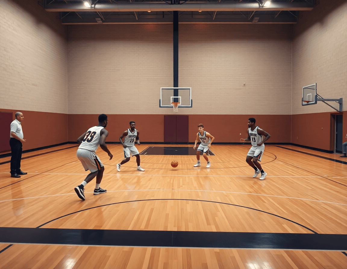 Five players execute basketball horns set on the basketball court with coach guiding from the sideline.