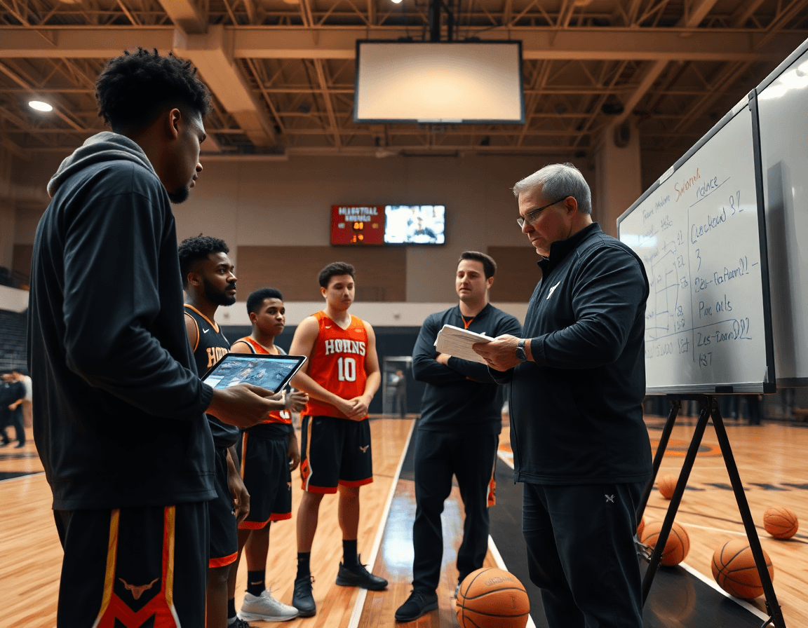 Coach reviews basketball horns set on a basketball court as players watch video.