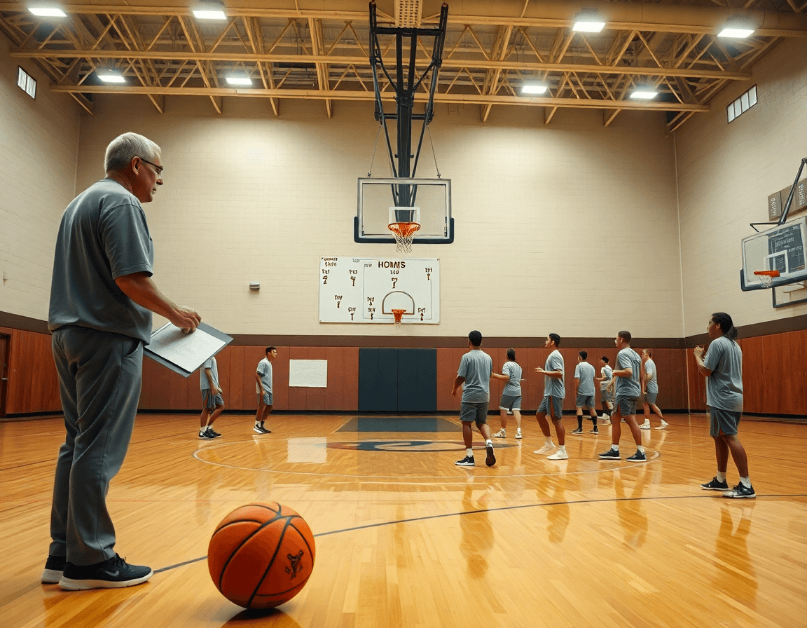 Wide basketball gym scene showing the basketball horns set in practice with a coach and players.