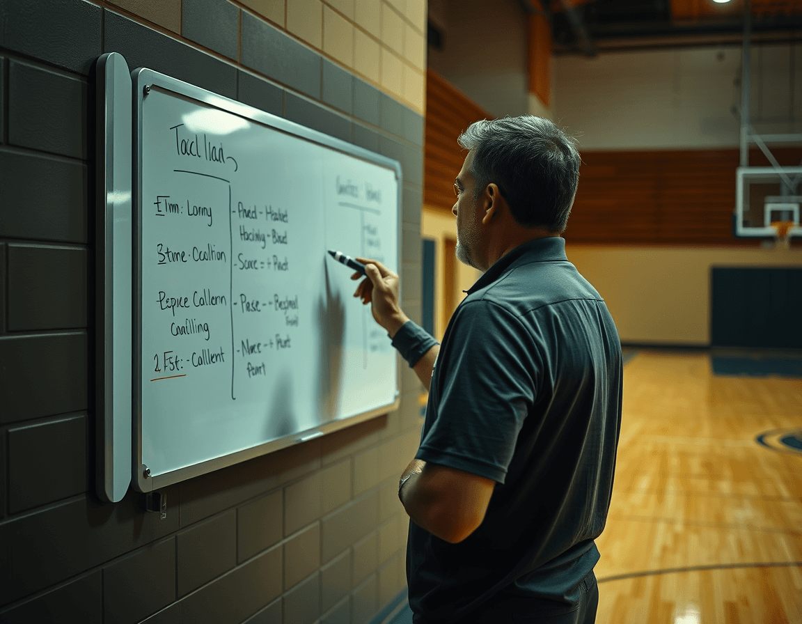 Coach explaining tactics on a gym whiteboard