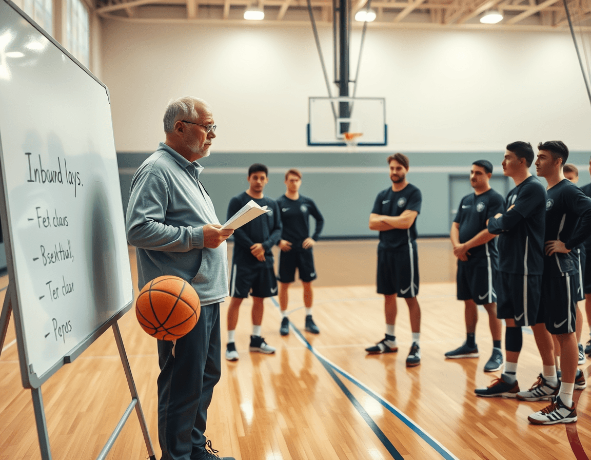 Wide-angle shot of basketball inbound plays pdf planning being discussed by coach and players in a gym.