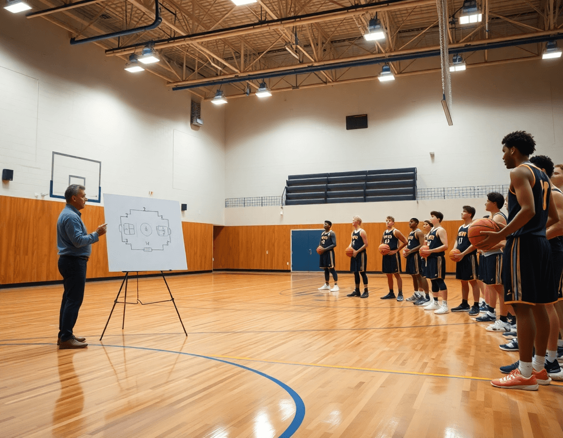 A wide gym scene shows basketball inbound plays vs zone in basketball practice.